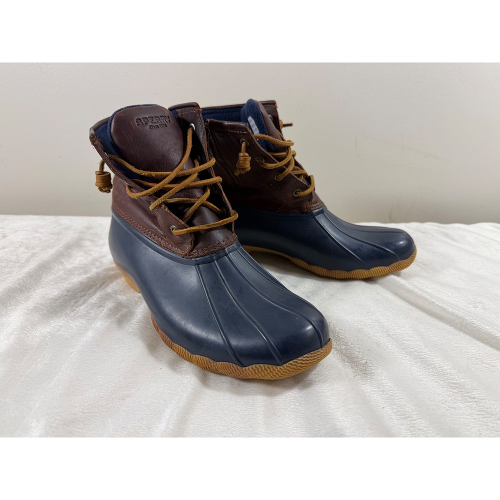 Sperry Saltwater Duck Boots Women's 10M Brown Leather Navy Waterproof Rain Boots